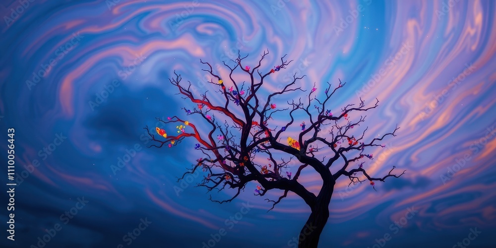 A Silhouette of a Bare Tree Adorned with Colorful Lights Against a Sky Swirled with Pink and Blue Hues A Silhouette of a Bare Tree Adorned with Colorful Lights Against a Sky Swirled with Pink and Blue Hues
