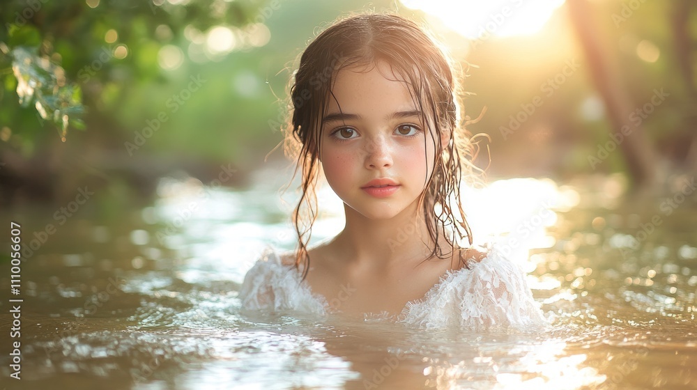 Fototapeta premium Serene Beauty: Young Woman in White Lace Dress Stands in Shimmering Water, Capturing Introspection in Sunlit Environment