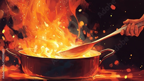 Fiery flames engulf a copper pot as a hand stirs with a large spoon.