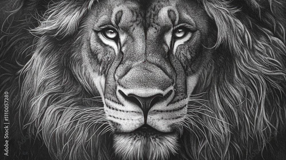 Fototapeta premium Majestic lion portrait, monochrome, intense gaze, detailed mane.