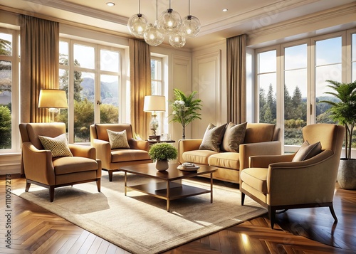 Wallpaper Mural Elegant Camel Accent Chairs, White Cushions, Transitional Living Room, Panoramic View Torontodigital.ca