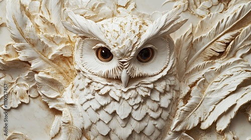 Intricate White Owl Bas Relief Sculpture Among Feathers photo