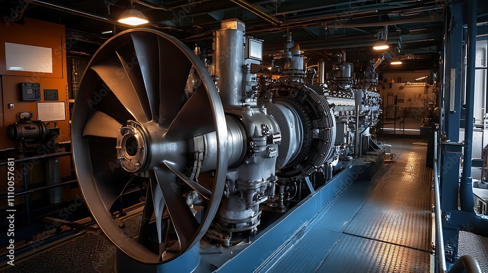 Fototapeta premium Large industrial engine with propeller in a machinery room.