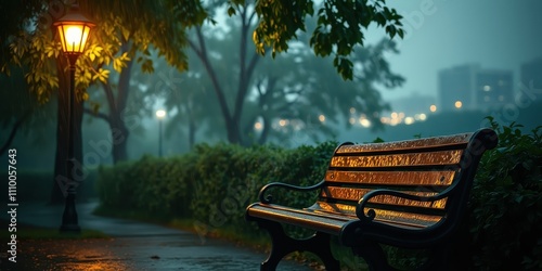 A solitary wooden bench sits under a streetlamp in a park, bathed in the glow of its warm light, with raindrops glistening on its surface, creating a tranquil scene.