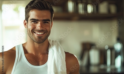 smiling muscular man in white tank top with towel over shoulder standing at kitchen