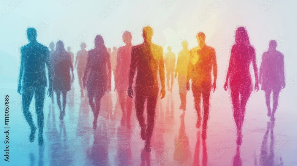 Obraz premium Abstract Representation of Diverse Silhouettes Walking Towards Light in a Colorful Gradient Background, Symbolizing Unity and Progress
