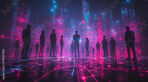 Futuristic Scene with Silhouetted Figures Against a Digital Background of Vibrant Blue and Pink Lights Representing Technology and Connectivity