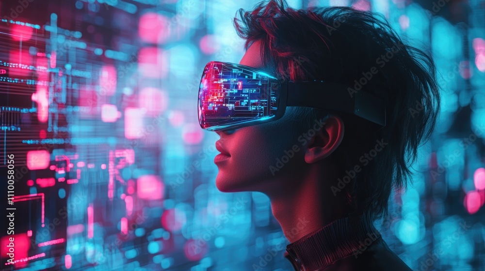 Young person experiencing virtual reality in a futuristic digital environment with glowing patterns and vibrant colors, showcasing technology and innovation Young person experiencing virtual reality in a futuristic digital environment with glowing patterns and vibrant colors, showcasing technology and innovation