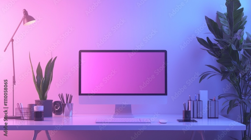 Stylish modern workspace with a sleek computer monitor, pastel lighting, indoor plants, and organized desk accessories for a creative and productive atmosphere Stylish modern workspace with a sleek computer monitor, pastel lighting, indoor plants, and organized desk accessories for a creative and productive atmosphere