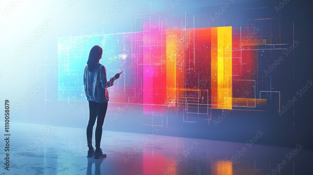 A Young Woman Interacting with Futuristic Digital Screens in a Vibrant, High-Tech Environment Filled with Colorful Light and Abstract Graphics A Young Woman Interacting with Futuristic Digital Screens in a Vibrant, High-Tech Environment Filled with Colorful Light and Abstract Graphics