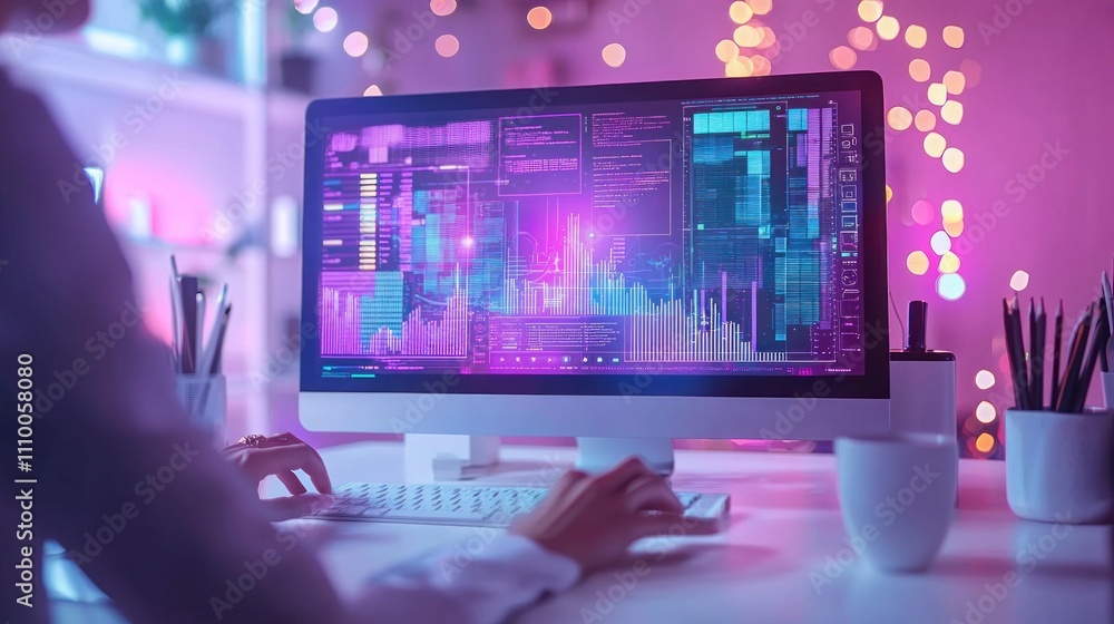Vibrant Data Analysis with Futuristic Software on Desktop Monitor in Modern Workspace Surrounded by Ambient Lights and Greenery Vibrant Data Analysis with Futuristic Software on Desktop Monitor in Modern Workspace Surrounded by Ambient Lights and Greenery