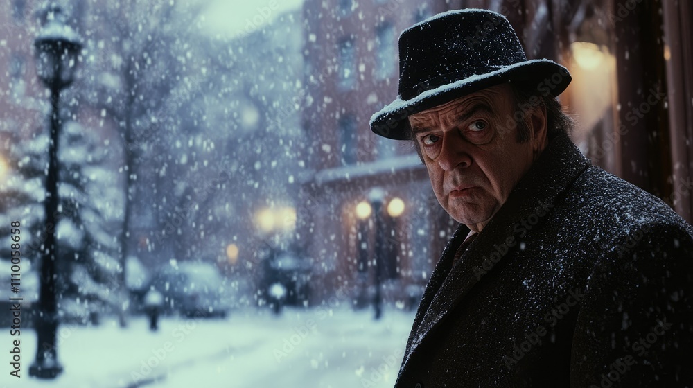 A solemn figure in a hat stands in a snowy urban setting, evoking a sense of mystery. A solemn figure in a hat stands in a snowy urban setting, evoking a sense of mystery.