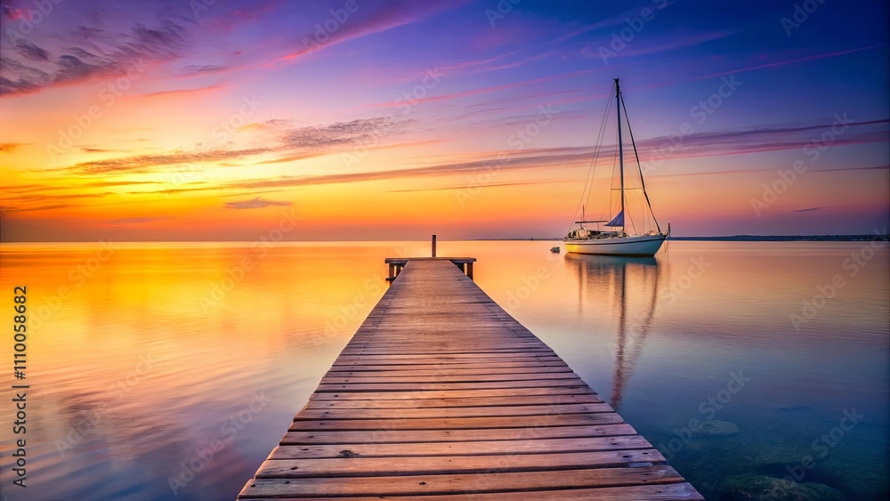 Serene sunset over calm water with sailboat at rest near wooden pier Serene sunset over calm water with sailboat at rest near wooden pier