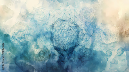 Sacred geometry pattern complex and mesmerizing sacred geometry patterns overlaid on a tranquil watercolor background, providing a serene area for adding spiritual quotes. Sacred. Illustration photo