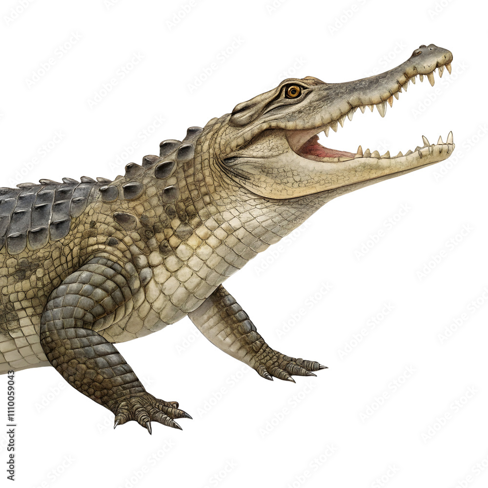 Naklejka premium A striking close-up of a crocodile with its mouth wide open, showcasing sharp teeth.