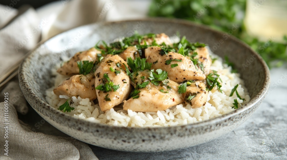 Delicious Chicken Breast with Herbs on a Bed of White Rice Delicious Chicken Breast with Herbs on a Bed of White Rice