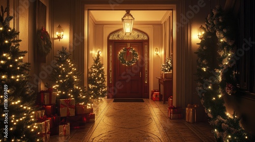 Wallpaper Mural A festive entryway with garlands of evergreen, twinkling lights, and a large wreath hanging on the door, welcoming guests into the Christmas-decorated home. Torontodigital.ca