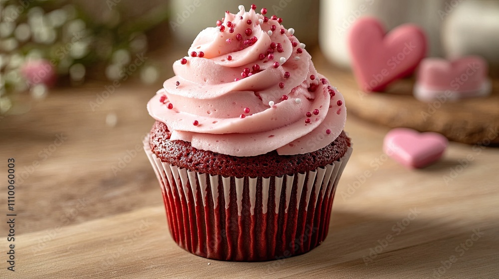 a red velvet cupcake topped with heart-shaped sprinkles and creamy pink frosting a red velvet cupcake topped with heart-shaped sprinkles and creamy pink frosting