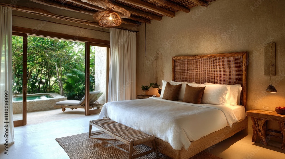 Serene Bedroom with Natural Decor and Tropical Garden View Serene Bedroom with Natural Decor and Tropical Garden View
