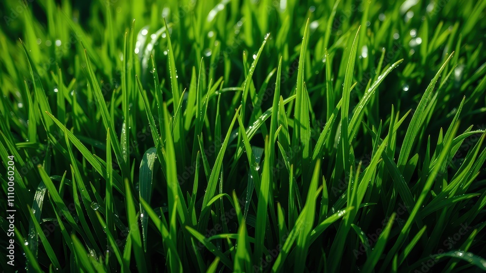 A close-up of vibrant green grass blades glistening with morning dew, showcasing nature's simple beauty A close-up of vibrant green grass blades glistening with morning dew, showcasing nature's simple beauty