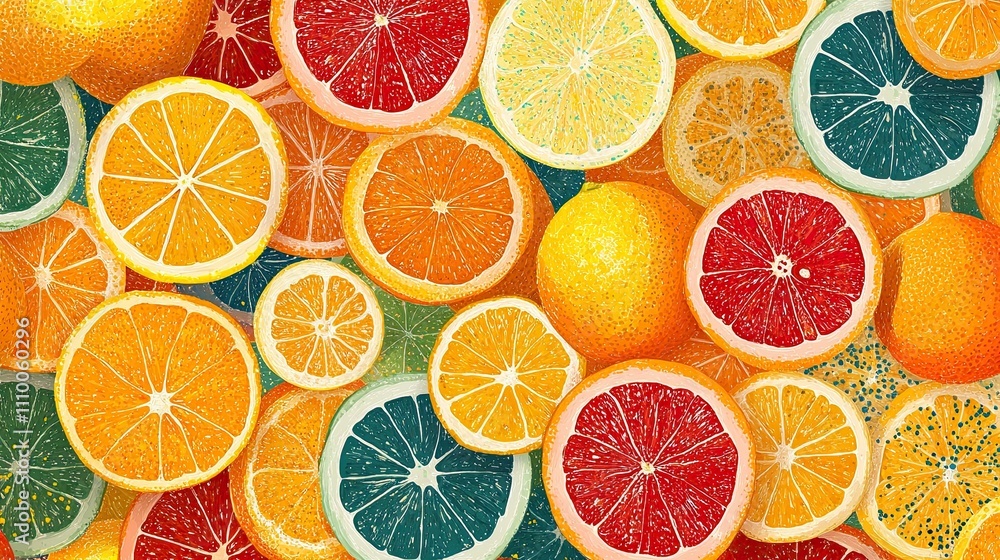 a repetitive pattern of bright citrus fruits sliced in half, arranged on a vibrant a repetitive pattern of bright citrus fruits sliced in half, arranged on a vibrant