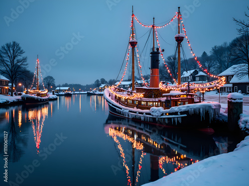 Wallpaper Mural Festive winter evening at a dock with illuminated boats and snow covered surroundings, photography of landscape concept. Torontodigital.ca