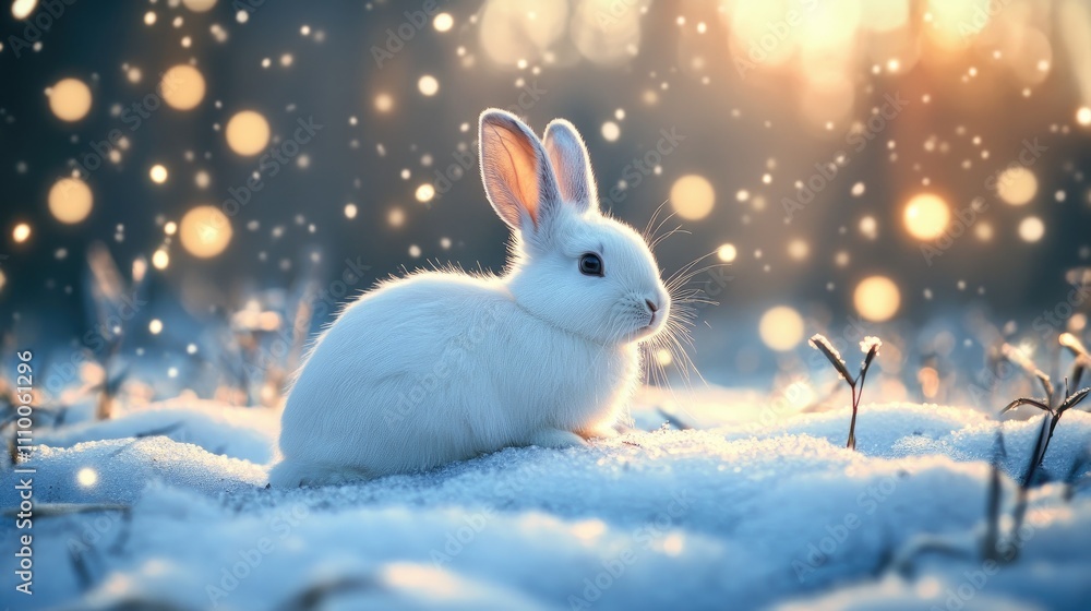 Adorable White Rabbit in Snowy Landscape with Soft Glow Background Adorable White Rabbit in Snowy Landscape with Soft Glow Background