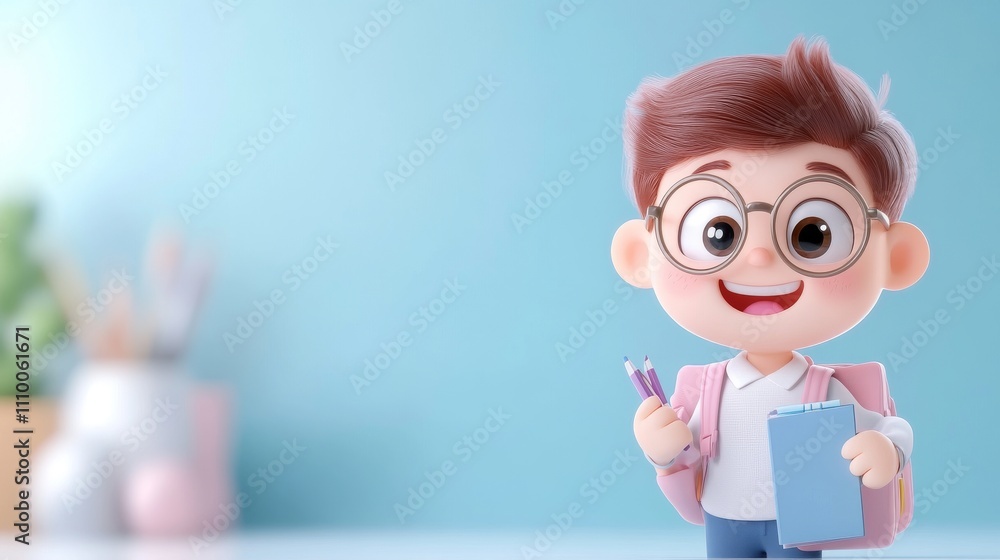 Cheerful Cartoon Student in School Uniform Holding Supplies Cheerful Cartoon Student in School Uniform Holding Supplies