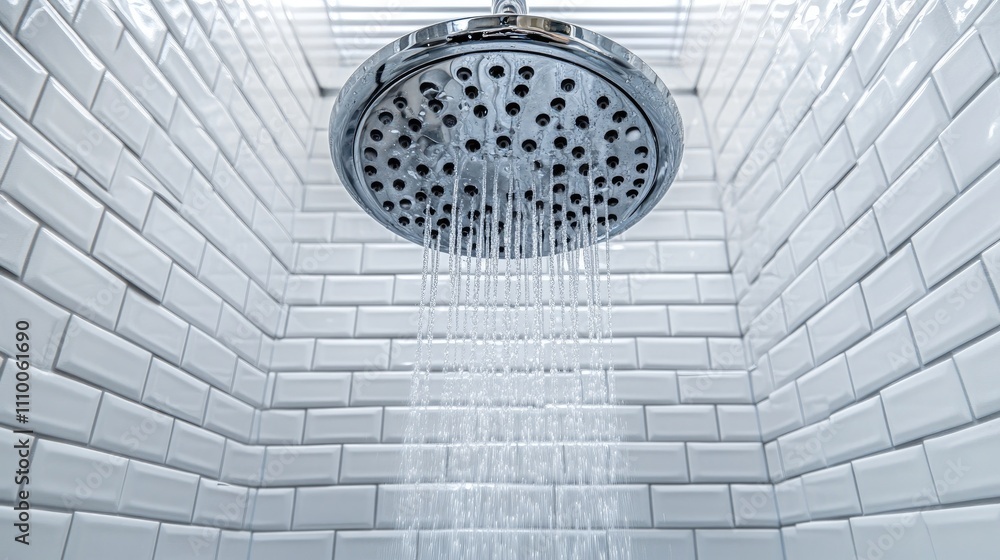 Obraz premium Modern Shower Head with Water Flowing in Bright Bathroom Setting