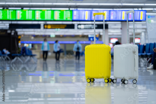 Two suitcases in an empty airport hall, traveler cases in the departure airport terminal waiting for the area, vacation concept, blank space for text message or design, travel. photo