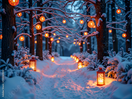 A winter s night lantern walk through snowy forest trees with glowing orbs, photography of landscape concept. photo