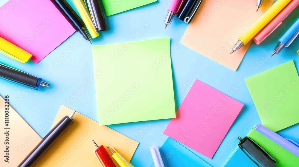 Bright Colorful Stationery Supplies on a Light Blue Background Bright Colorful Stationery Supplies on a Light Blue Background