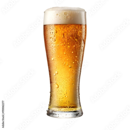 A tall glass of golden lager beer with a frothy head