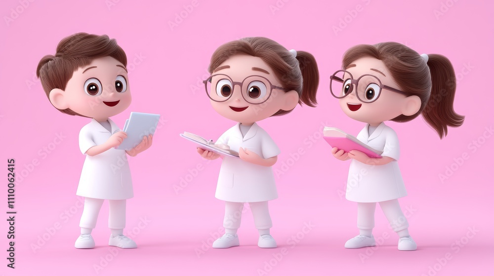 Three Cute Cartoon Teacher Characters in 3D Style on Pink Background Three Cute Cartoon Teacher Characters in 3D Style on Pink Background