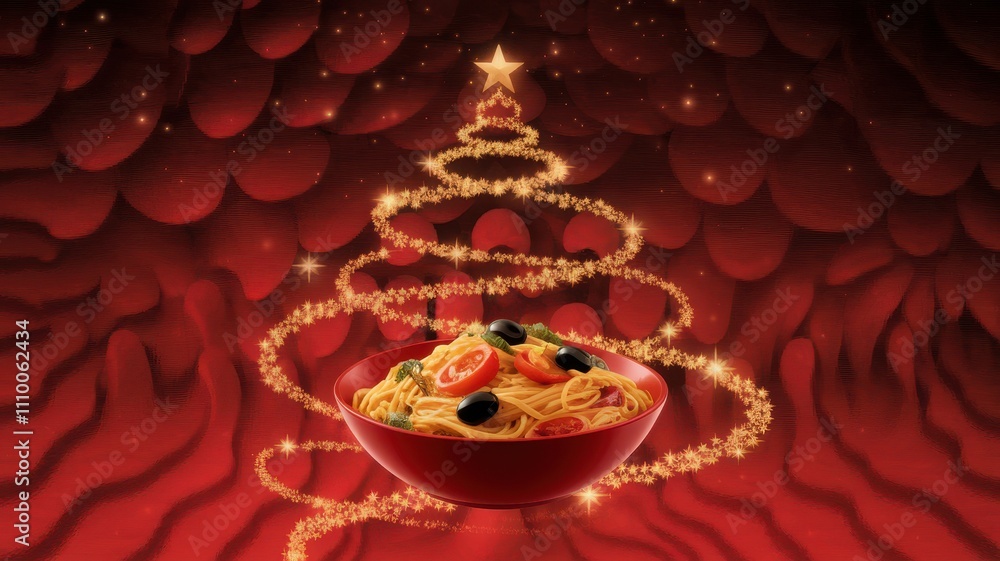 Obraz premium Pasta Bowl Shaped as Christmas Tree with Garland and Berries