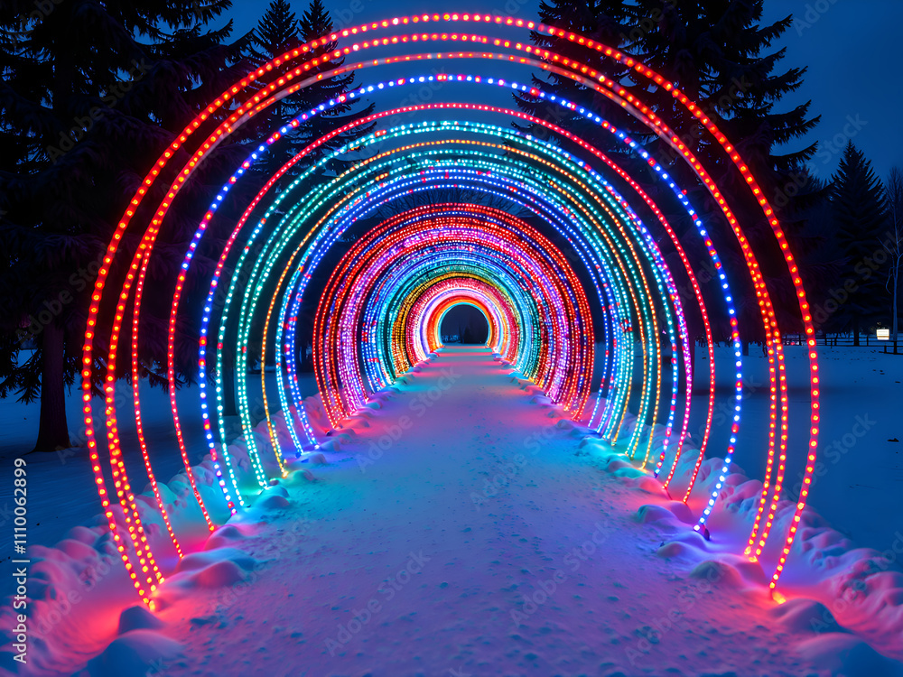 Vibrant led light tunnel illuminating a snowy pathway through a winter landscape, photography of nightscape concept. Vibrant led light tunnel illuminating a snowy pathway through a winter landscape, photography of nightscape concept.