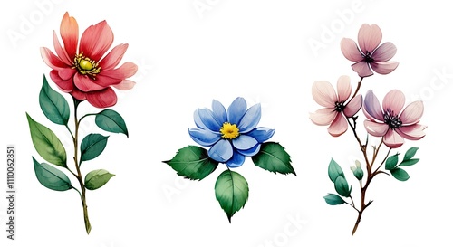 Watercolor flower, leaf and branch set on white background