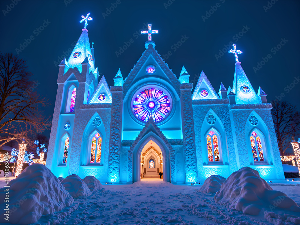 Enchanting winter church illuminated by colorful lights in a snowy landscape at night, photography of architecture concept. Enchanting winter church illuminated by colorful lights in a snowy landscape at night, photography of architecture concept.