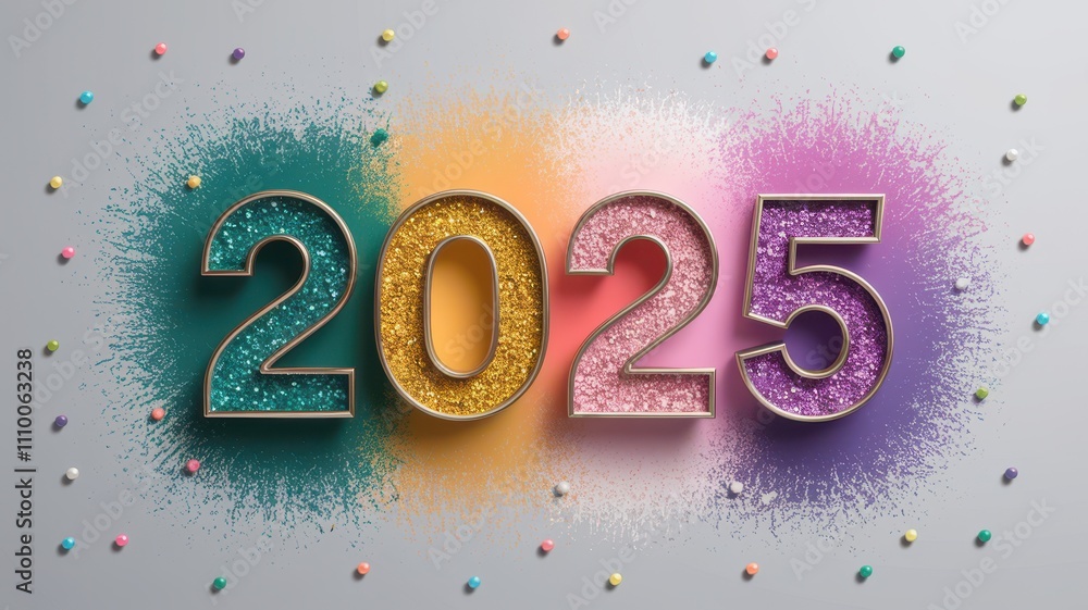 Golden 2025 Text Surrounded by Vibrant Confetti on Gradient Background Golden 2025 Text Surrounded by Vibrant Confetti on Gradient Background
