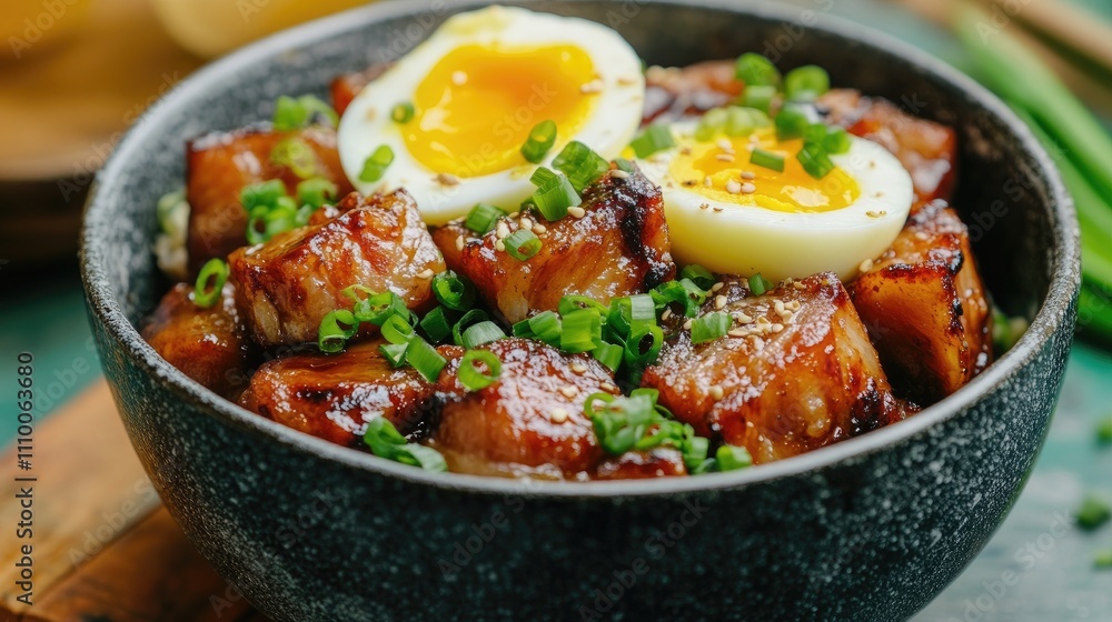 Delicious Bowl of Pork Belly with Soft Boiled Egg and Green Onions Delicious Bowl of Pork Belly with Soft Boiled Egg and Green Onions