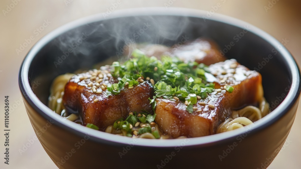 Delicious bowl of steaming pork belly with scallions and noodles Delicious bowl of steaming pork belly with scallions and noodles