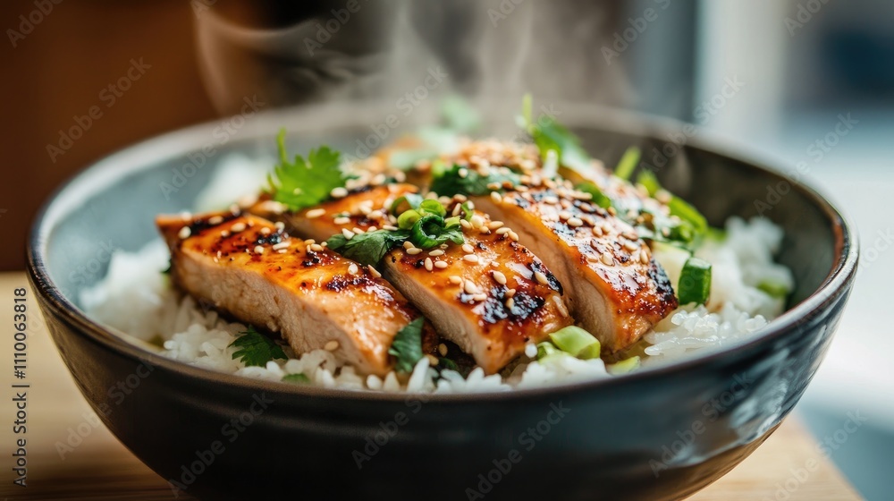 Grilled Salmon Fillet on Steamed Rice with Fresh Herbs and Sauce Grilled Salmon Fillet on Steamed Rice with Fresh Herbs and Sauce