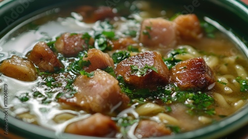 Delicious Homemade Soup with Tender Meat and Fresh Herbs