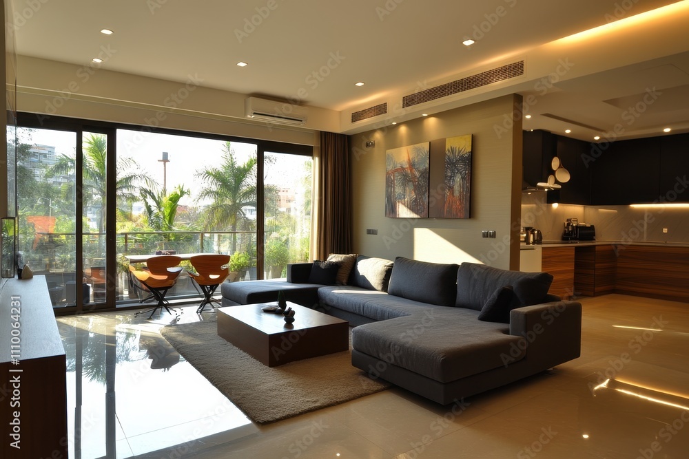 Modern living room with large windows, stylish sectional sofa, and sleek coffee table. Perfect for showcasing interior design, luxury real estate, or home decor. Modern living room with large windows, stylish sectional sofa, and sleek coffee table. Perfect for showcasing interior design, luxury real estate, or home decor.
