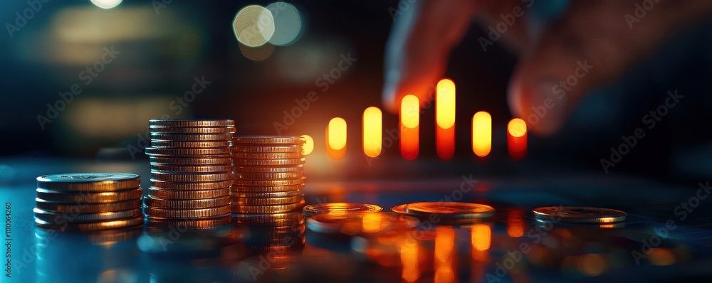 businessman analyzing financial data coins table concept. Stacks of coins with a hand adjusting a glowing financial chart in the background. businessman analyzing financial data coins table concept. Stacks of coins with a hand adjusting a glowing financial chart in the background.