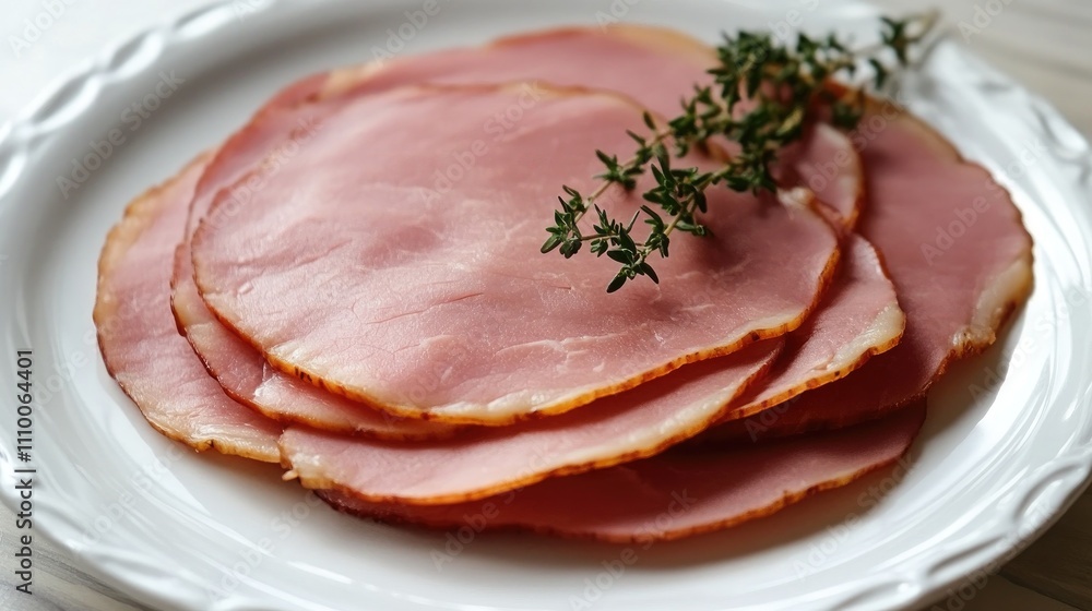 Sliced Ham on White Plate with Fresh Thyme Garnish Sliced Ham on White Plate with Fresh Thyme Garnish