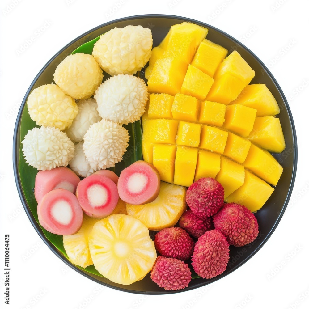 A tropical fruit platter with slices of lychee, mango, and pineapple A tropical fruit platter with slices of lychee, mango, and pineapple