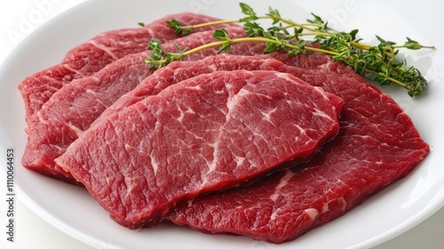 Fresh Raw Beef Cuts on a White Plate with Fresh Thyme Sprigs