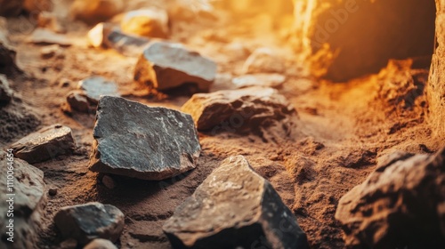 Close-up of ancient stone tools, sharp flint knives, and polished axes on a weathered wooden surface, symbolizing prehistoric craftsmanship and the dawn of human ingenuity.