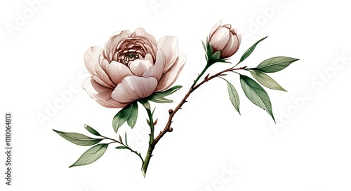 Watercolor Set Flowers, Leaves, and Branches on White Canvas